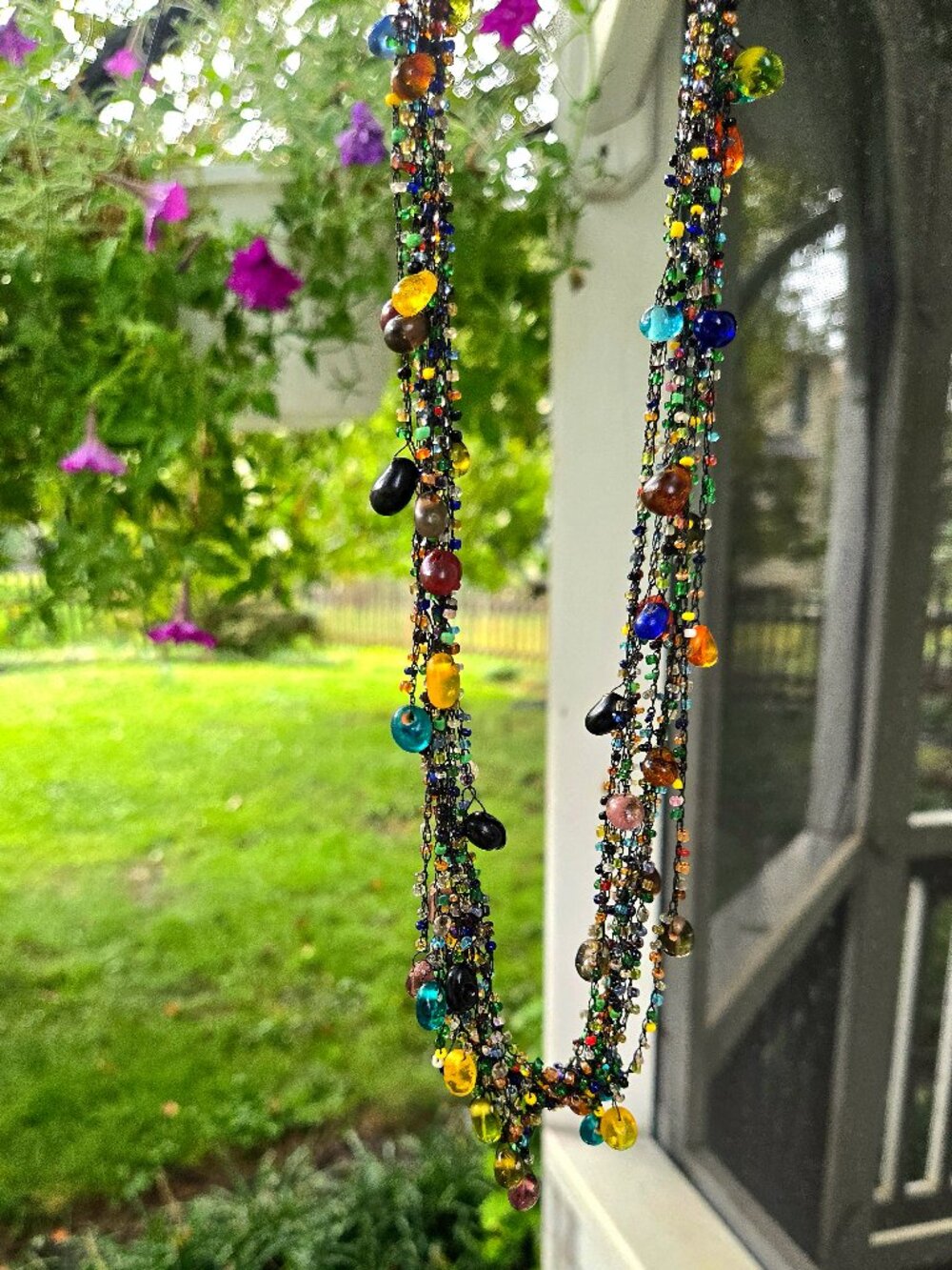 Vintage Boho Multi-Strand Murano Glass Teardrop Bead Black Crochet Necklace